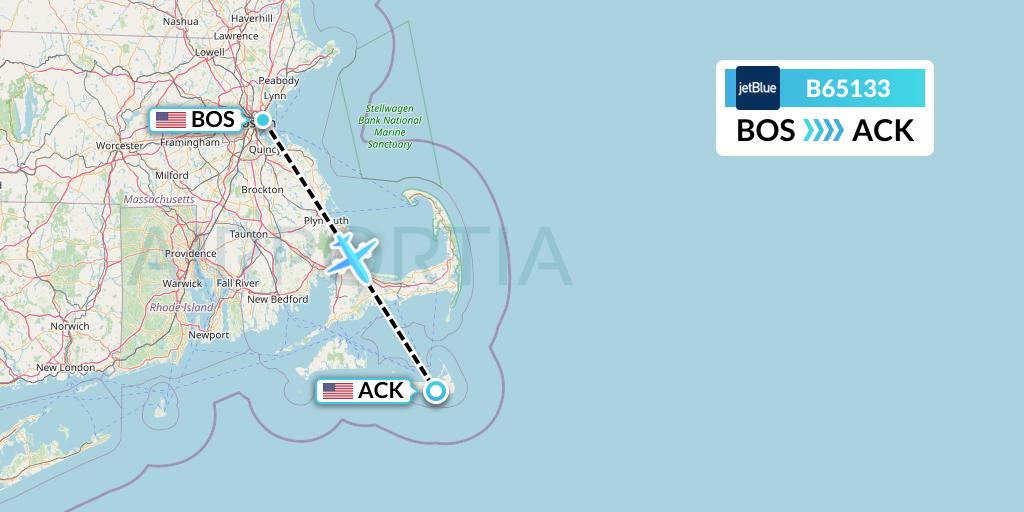 B65133 JetBlue Airways Flight Map: Boston to Nantucket