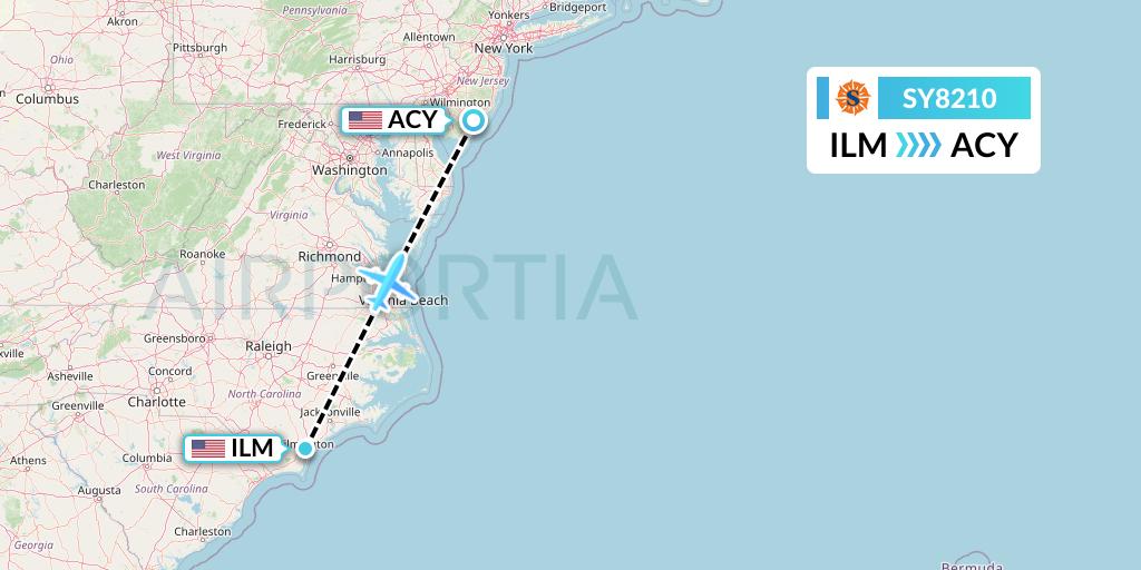 SY8210 Sun Country Airlines Flight Map: Wilmington to Atlantic City
