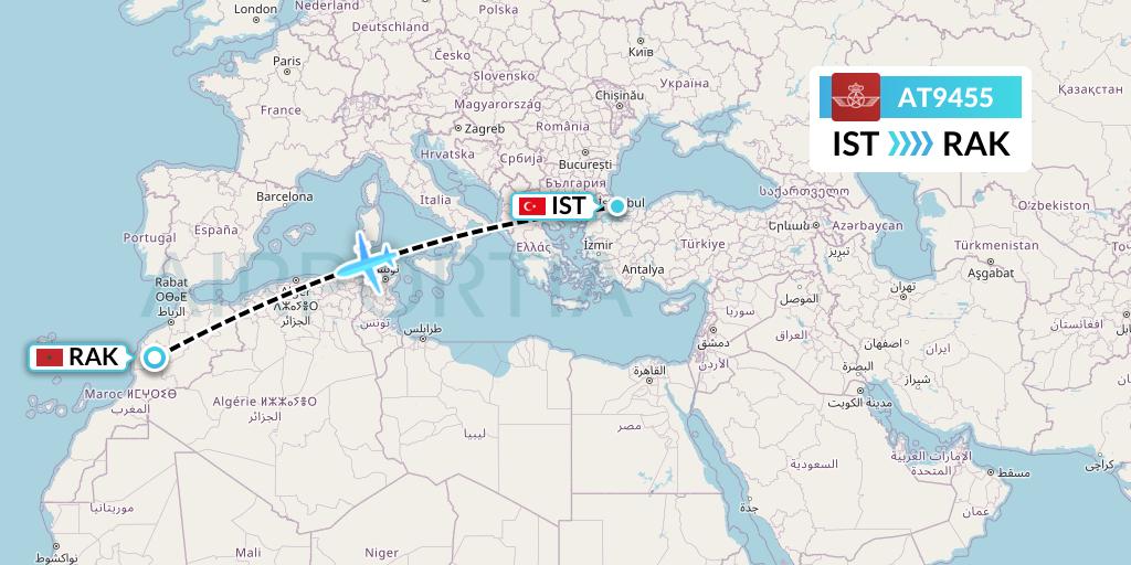 AT9455 Royal Air Maroc Flight Map: Istanbul to Marrakesh 