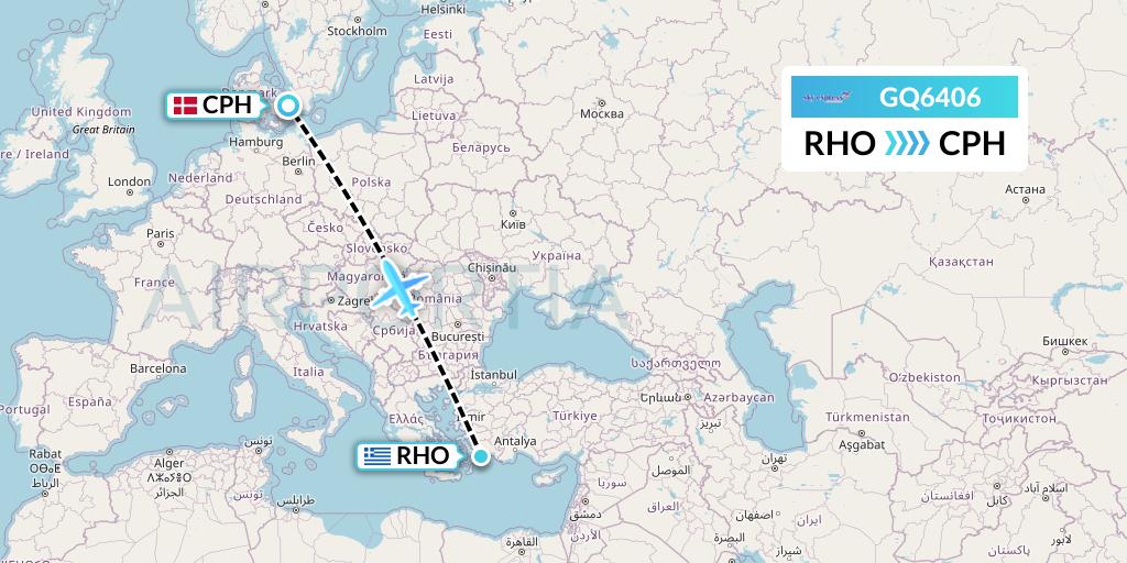 GQ6406 Sky Express (Greece) Flight Map: Rhodes to Copenhagen