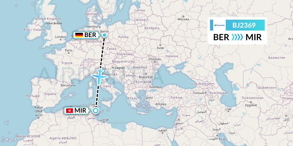 BJ2369 Nouvelair Tunisie Flight Map: Berlin to Monastir
