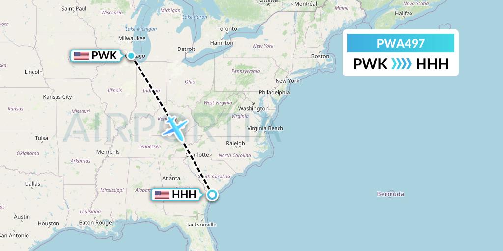 PWA497 Priester Aviation Flight Map: Chicago to Hilton Head Island