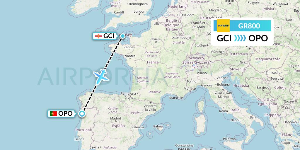 GR800 Aurigny Air Services Flight Map: Guernsey to Porto