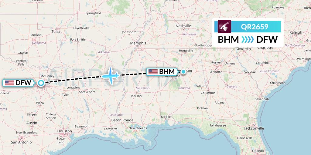 QR2659 Qatar Airways Flight Map: Birmingham to Dallas