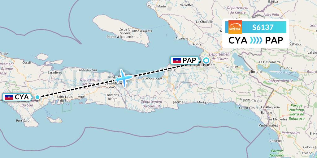S6137 Sunrise Airways Flight Map: Les Cayes to Port-au-Prince