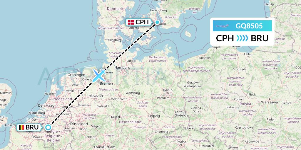 GQ8505 Sky Express (Greece) Flight Map: Copenhagen to Brussels