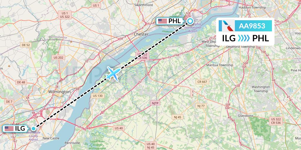 AA9853 American Airlines Flight Map: Wilmington to Philadelphia