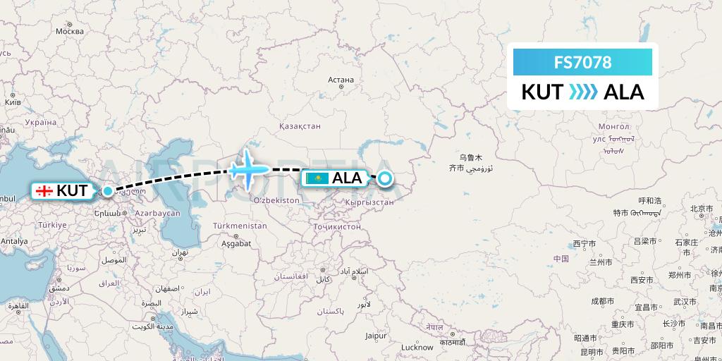 FS7078 Flyr Flight Map: Kutaisi to Almaty