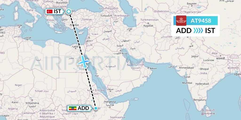 AT9458 Royal Air Maroc Flight Map: Addis Ababa to Istanbul
