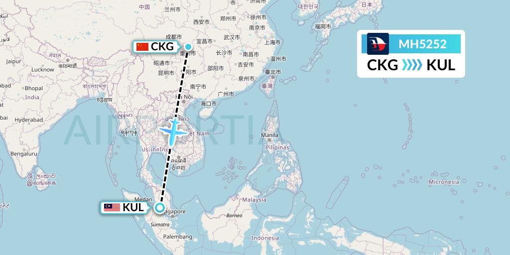 MH5252 Malaysia Airlines Flight Map: Chongqing to Kuala Lumpur