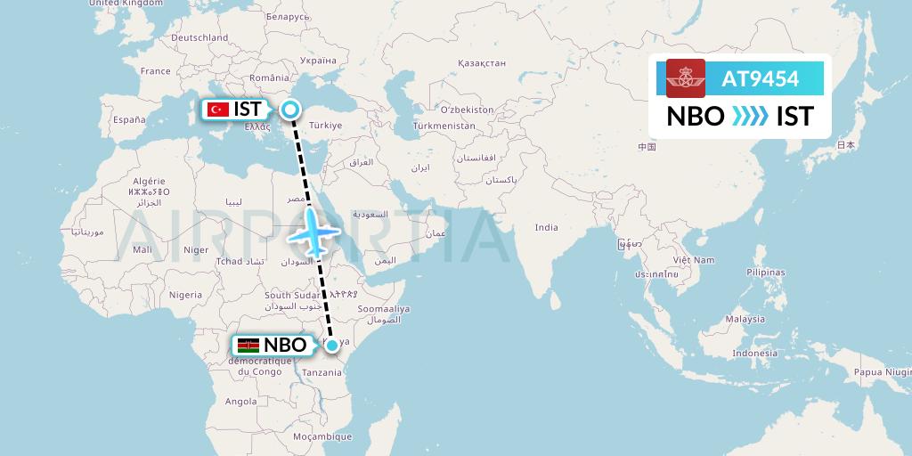 AT9454 Royal Air Maroc Flight Map: Nairobi to Istanbul