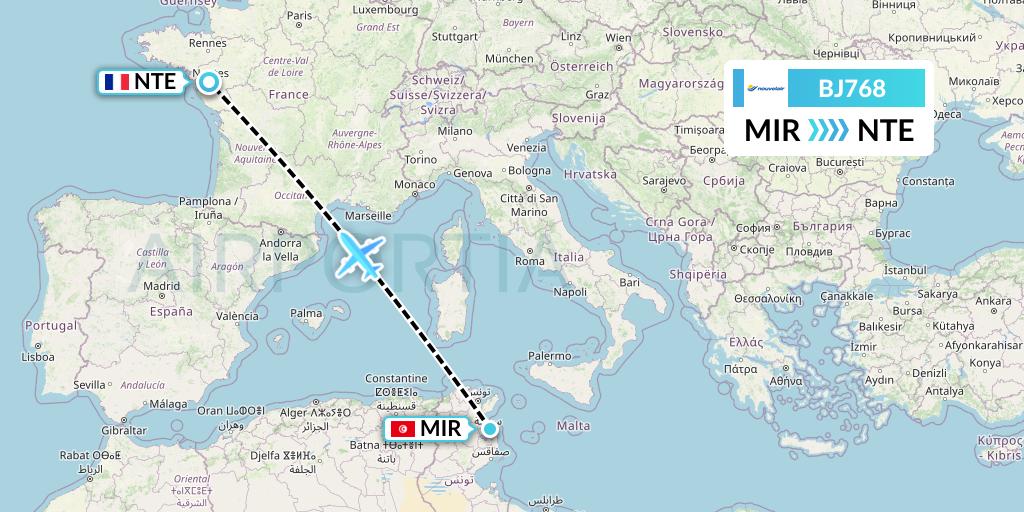 BJ768 Nouvelair Tunisie Flight Map: Monastir to Nantes