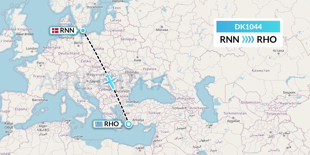 DK1044 Thomas Cook Airlines Scandinavia Flight Map: Ronne to Rhodes