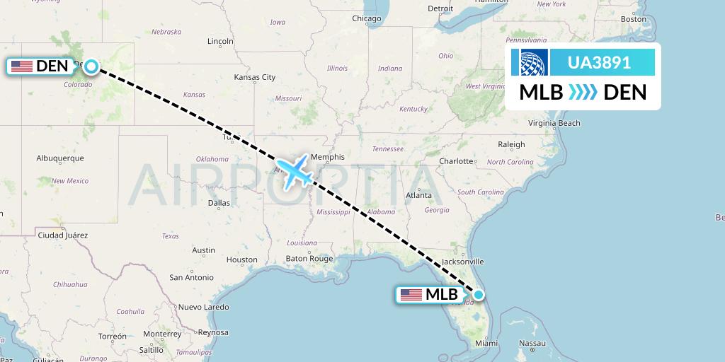 UA3891 United Airlines Flight Map: Melbourne to Denver
