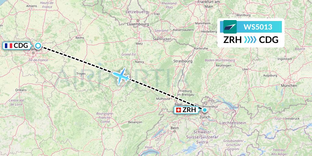 WS5013 WestJet Flight Map: Zurich to Paris
