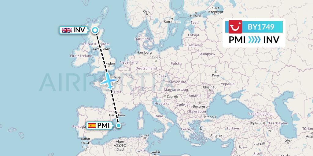 BY1749 TUI Airways Flight Map: Palma de Mallorca to Inverness