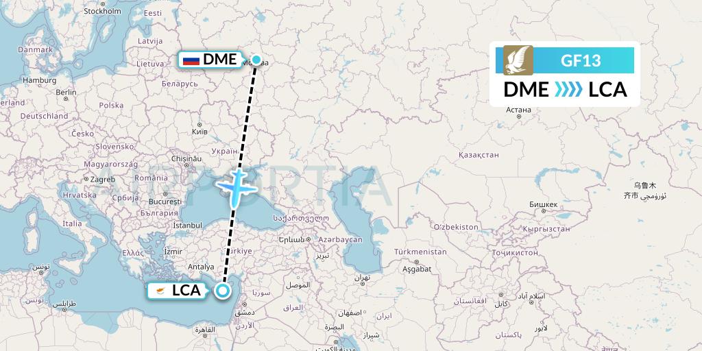 GF13 Gulf Air Flight Map: Moscow to Larnaca