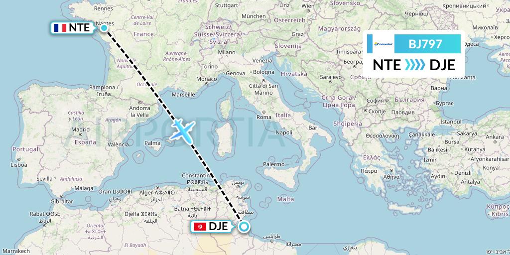BJ797 Nouvelair Tunisie Flight Map: Nantes to Djerba