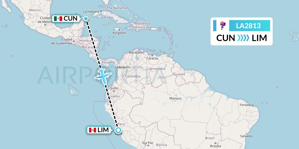 LA2813 LAN Airlines Flight Map: Cancun to Lima