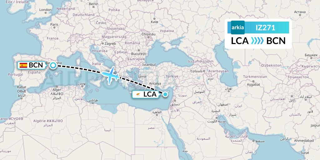 IZ271 Arkia Israeli Airlines Flight Map: Larnaca to Barcelona