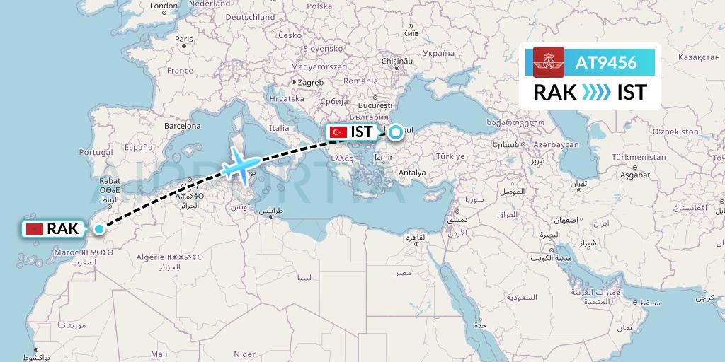 AT9456 Royal Air Maroc Flight Map: Marrakesh to Istanbul