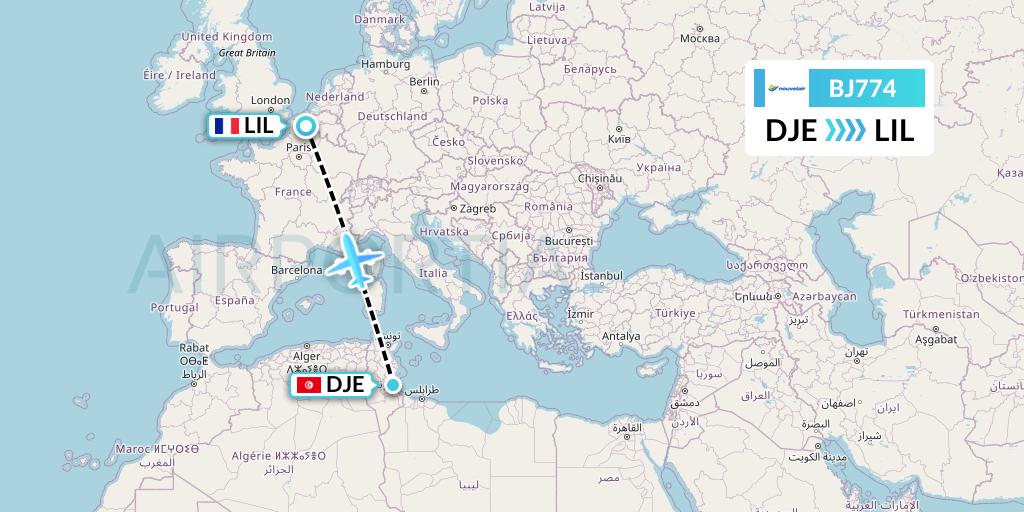 BJ774 Nouvelair Tunisie Flight Map: Djerba to Lille