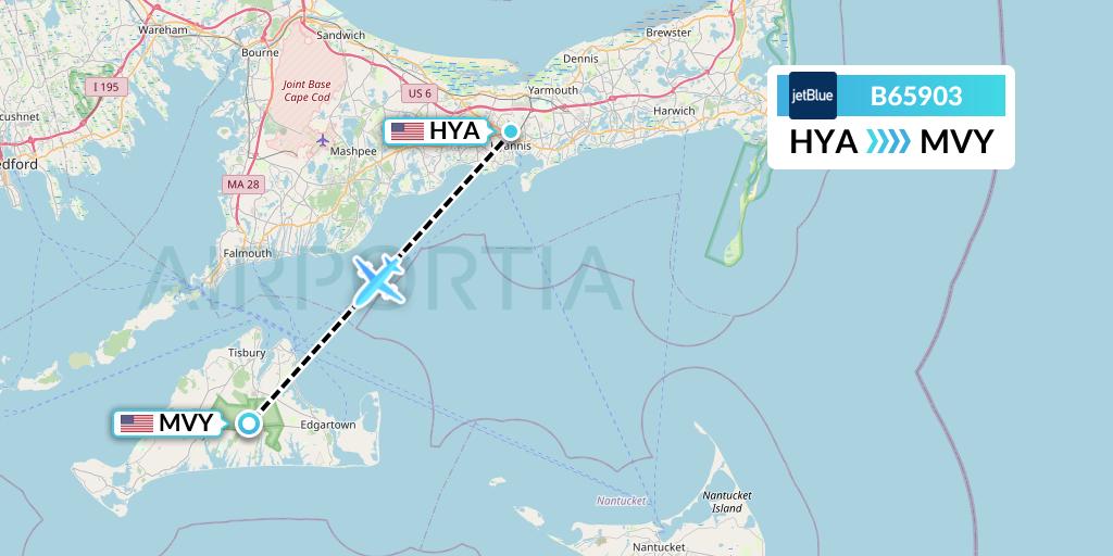B65903 JetBlue Airways Flight Map: Hyannis to Martha's Vineyard