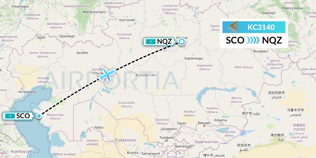 KC3140 Air Astana Flight Map: Aktau to Astana