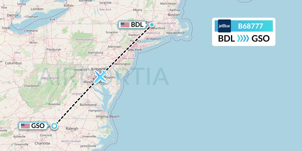 B68777 Flight Status JetBlue Airways Windsor Locks to Greensboro (JBU8777)