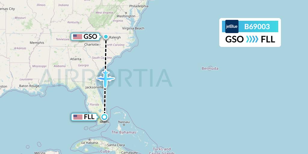 B69003 JetBlue Airways Flight Map: Greensboro to Fort Lauderdale