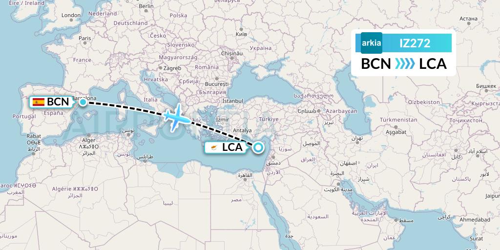 IZ272 Arkia Israeli Airlines Flight Map: Barcelona to Larnaca