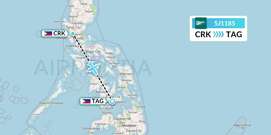 5J1185 CEBU Pacific Air Flight Map: Angeles City to Tagbilaran City