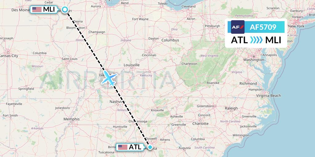 AF5709 Air France Flight Map: Atlanta to Moline