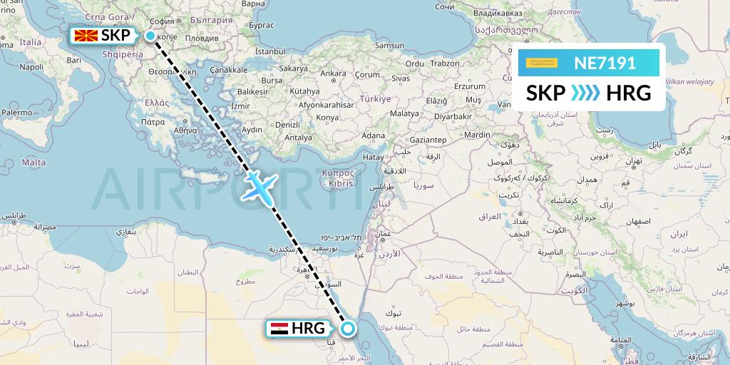 NE7191 Nesma Airlines Flight Map: Skopje to Hurghada