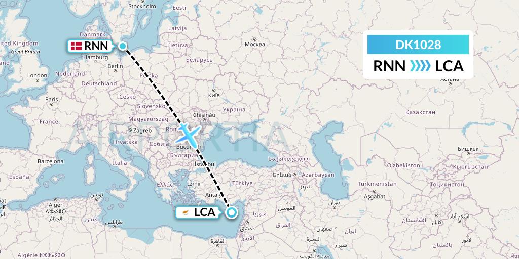 DK1028 Thomas Cook Airlines Scandinavia Flight Map: Ronne to Larnaca