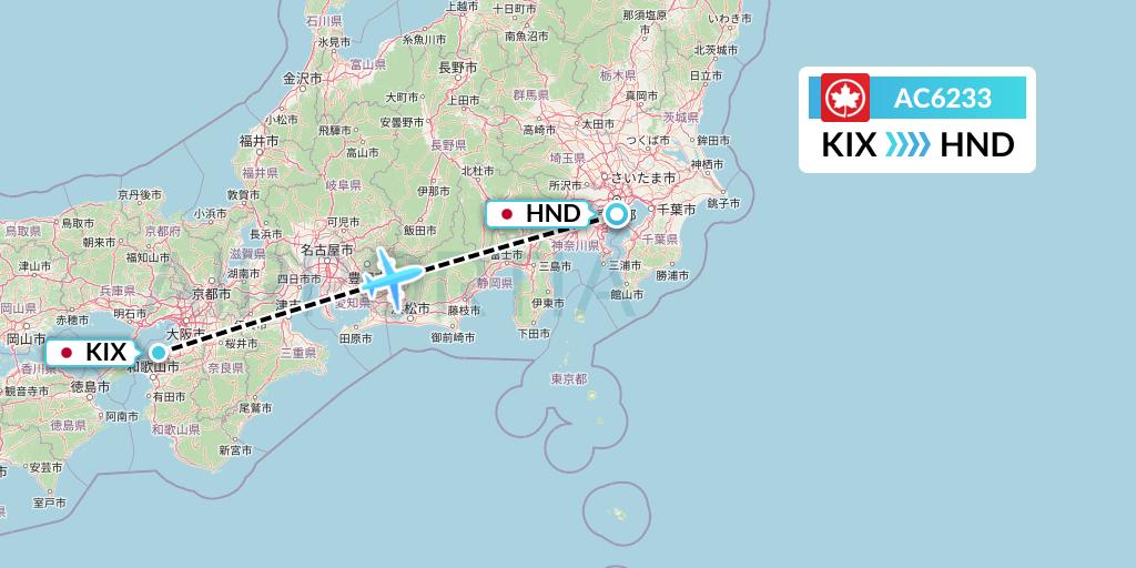AC6233 Air Canada Flight Map: Osaka to Tokyo