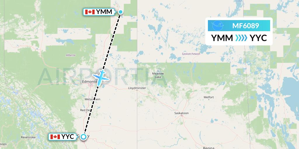 MF6089 Xiamen Airlines Flight Map: Fort McMurray to Calgary