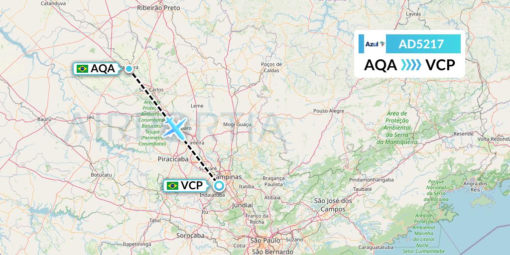 AD5217 Azul Brazilian Airlines Flight Map: Araraquara to Campinas