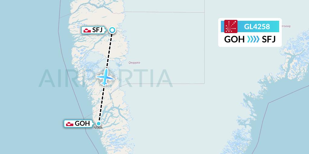 GL4258 Air Greenland Flight Map: Nuuk to Kangerlussuaq
