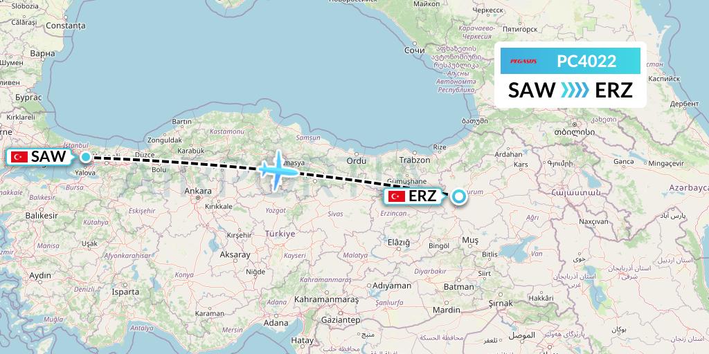PC4022 Pegasus Airlines Flight Map: Istanbul to Erzurum