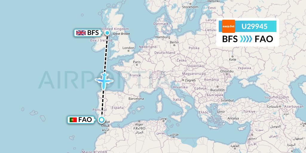 U29945 EasyJet Flight Map: Belfast to Faro