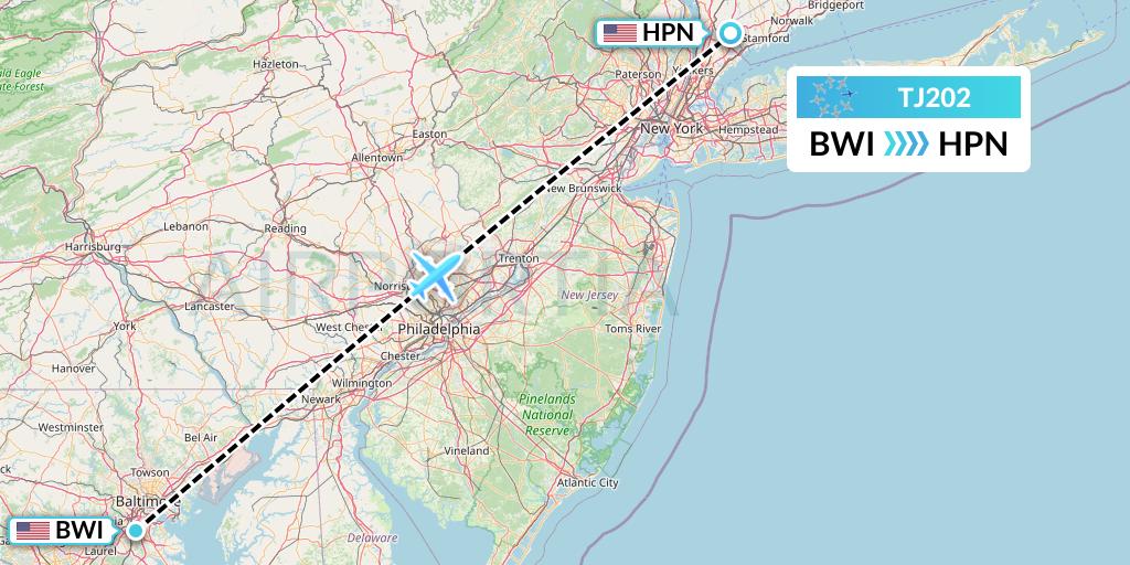 TJ202 Tradewind Aviation Flight Map: Baltimore to White Plains