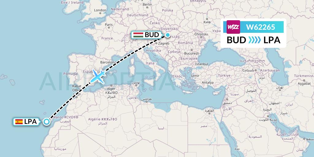 W62265 Wizz Air Flight Map: Budapest to Las Palmas