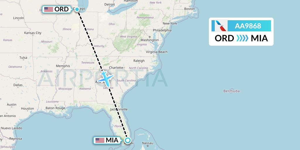 AA9868 American Airlines Flight Map: Chicago to Miami
