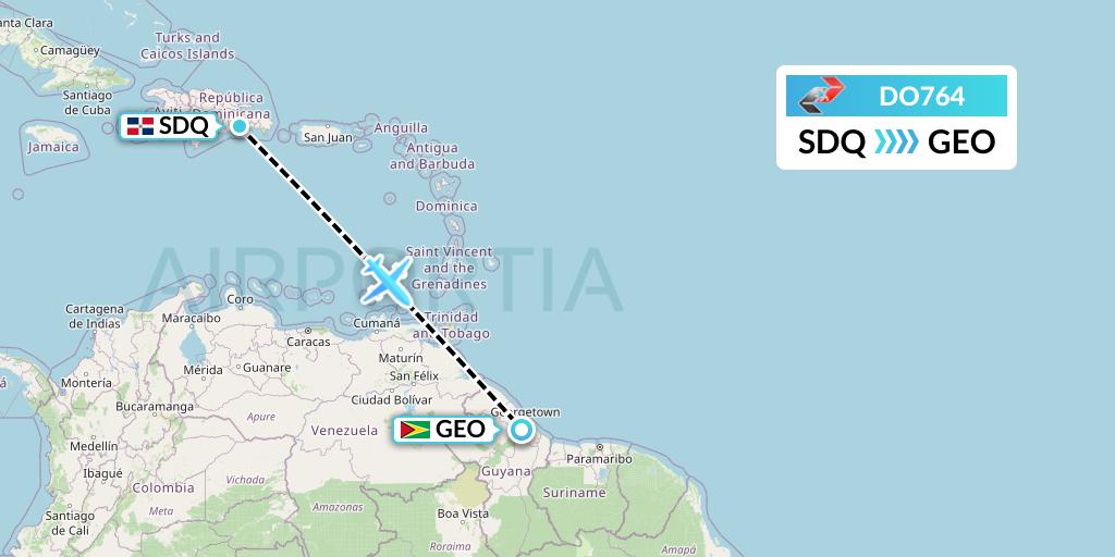 DO764 Sky High Aviation Flight Map: Santo Domingo to Georgetown