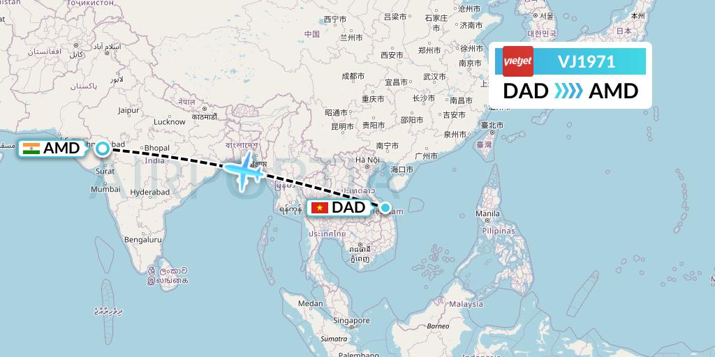 VJ1971 VietJet Air Flight Map: Da Nang to Ahmedabad