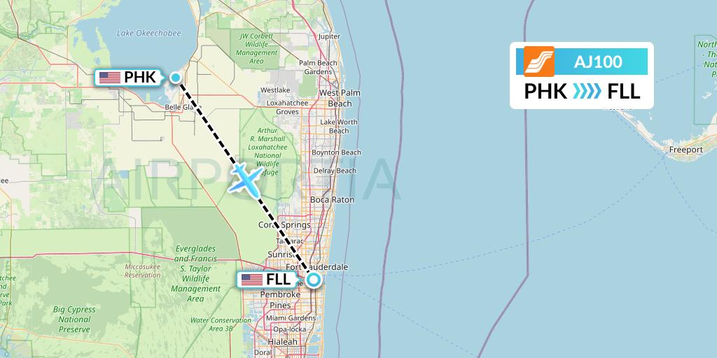 AJ100 Aztec Airways Flight Map: Pahokee to Fort Lauderdale