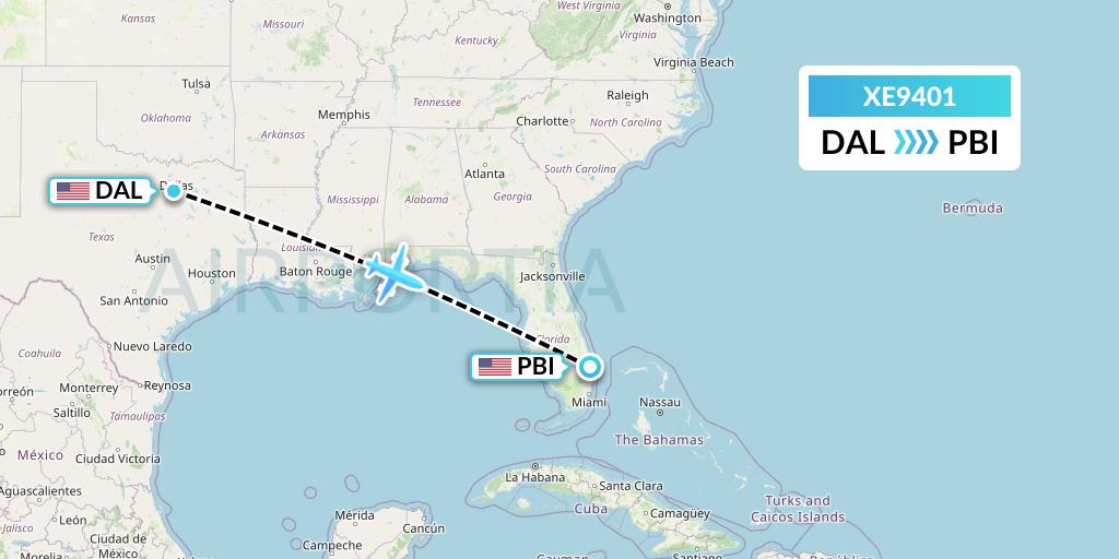 XE9401 Jsx Flight Map: Dallas to West Palm Beach