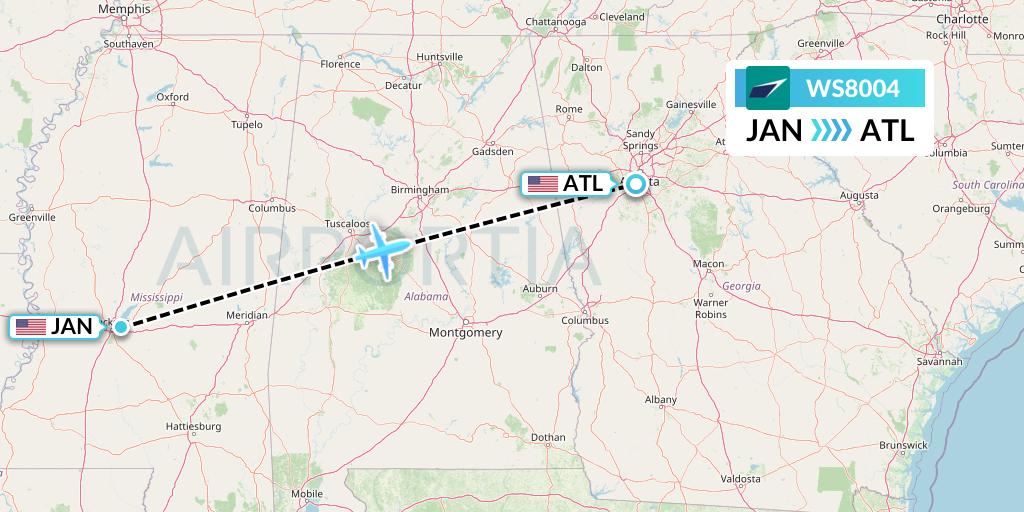 WS8004 WestJet Flight Map: Jackson to Atlanta