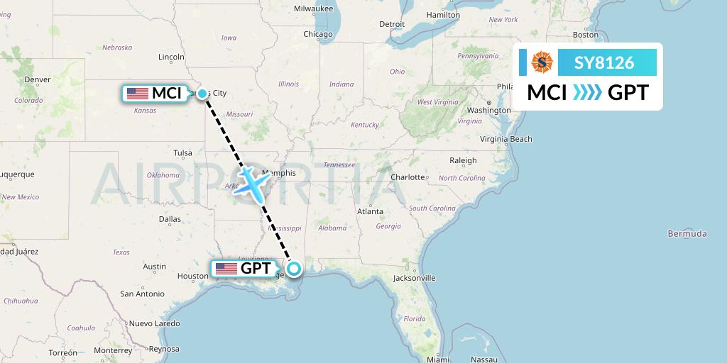 SY8126 Sun Country Airlines Flight Map: Kansas City to Gulfport